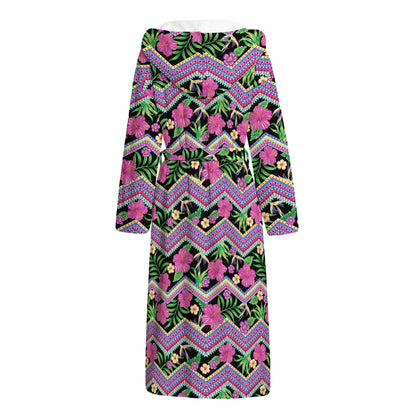 Tropical Hibiscus Flowers Aztec Print Hooded Bathrobe