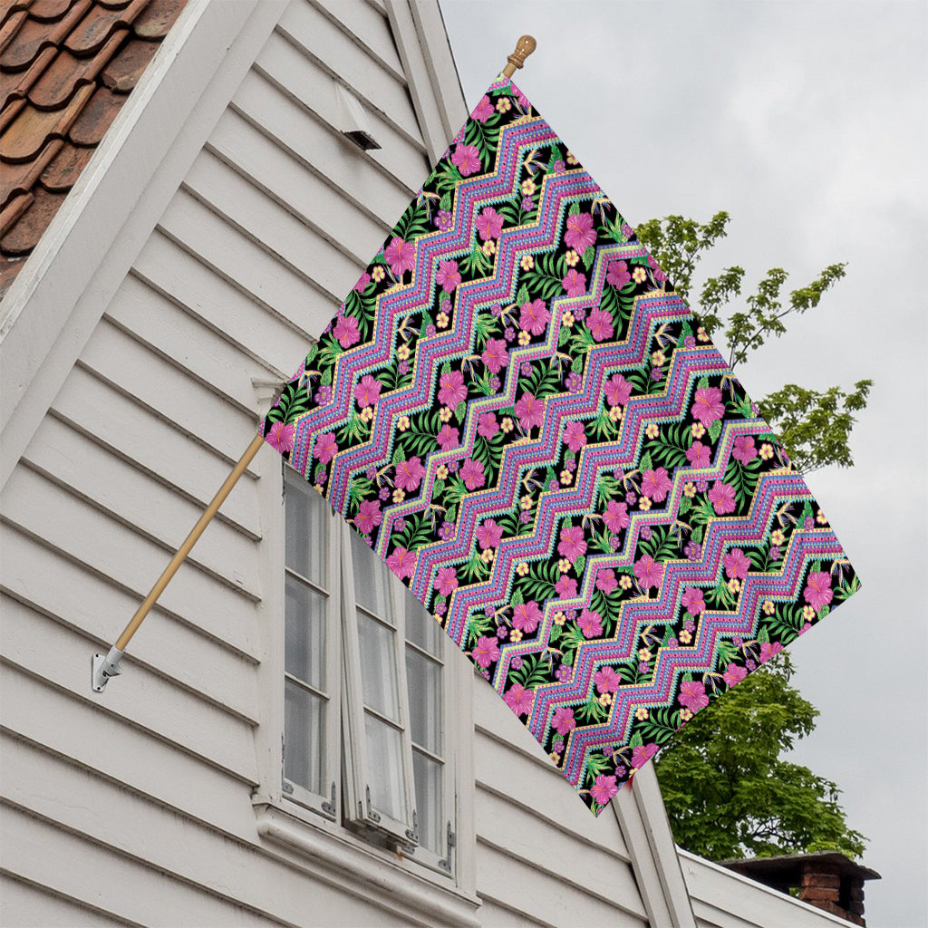 Tropical Hibiscus Flowers Aztec Print House Flag