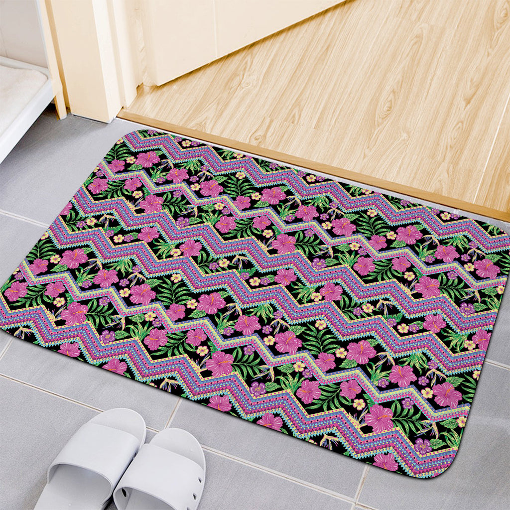 Tropical Hibiscus Flowers Aztec Print Indoor Door Mat