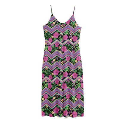 Tropical Hibiscus Flowers Aztec Print Jersey Midi Cami Dress