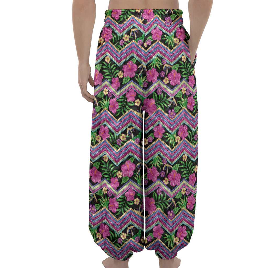 Tropical Hibiscus Flowers Aztec Print Lantern Pants