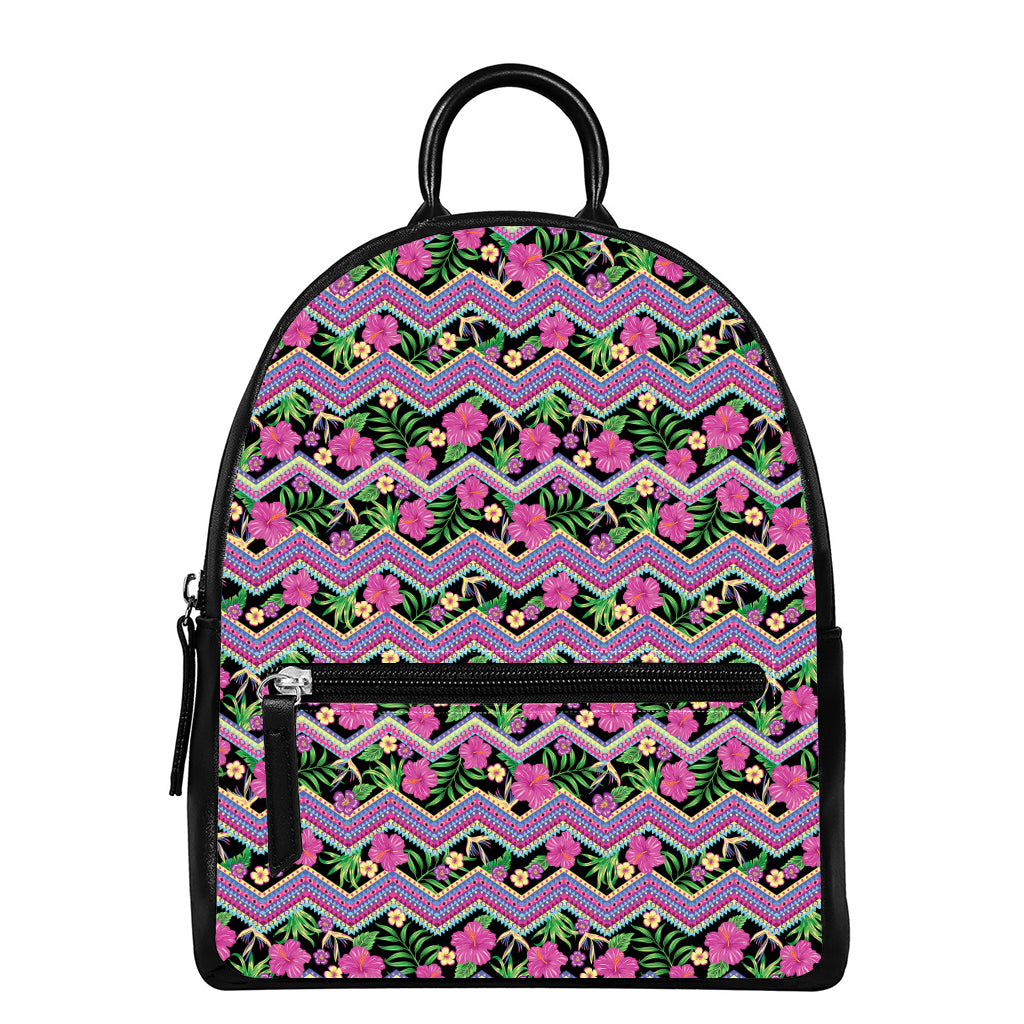 Tropical Hibiscus Flowers Aztec Print Leather Backpack