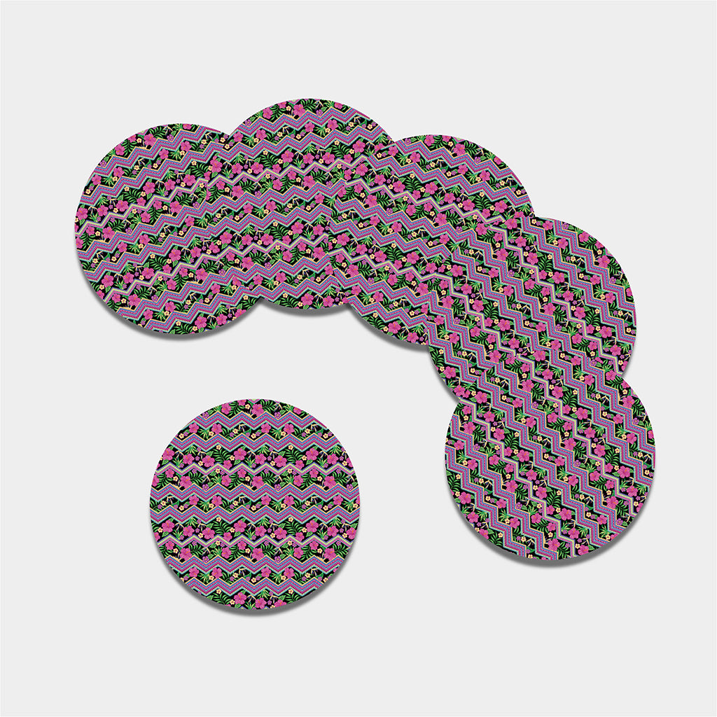 Tropical Hibiscus Flowers Aztec Print Leather Coaster Set