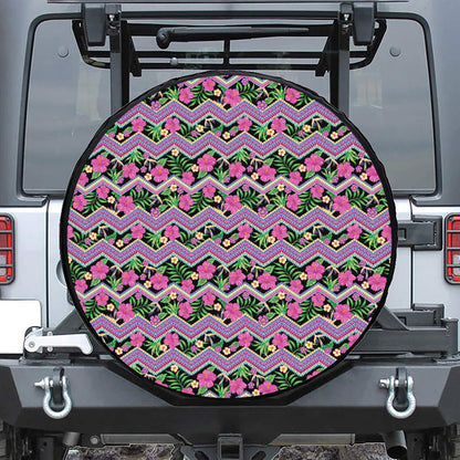 Tropical Hibiscus Flowers Aztec Print Leather Spare Tire Cover