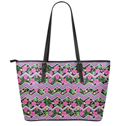 Tropical Hibiscus Flowers Aztec Print Leather Tote Bag