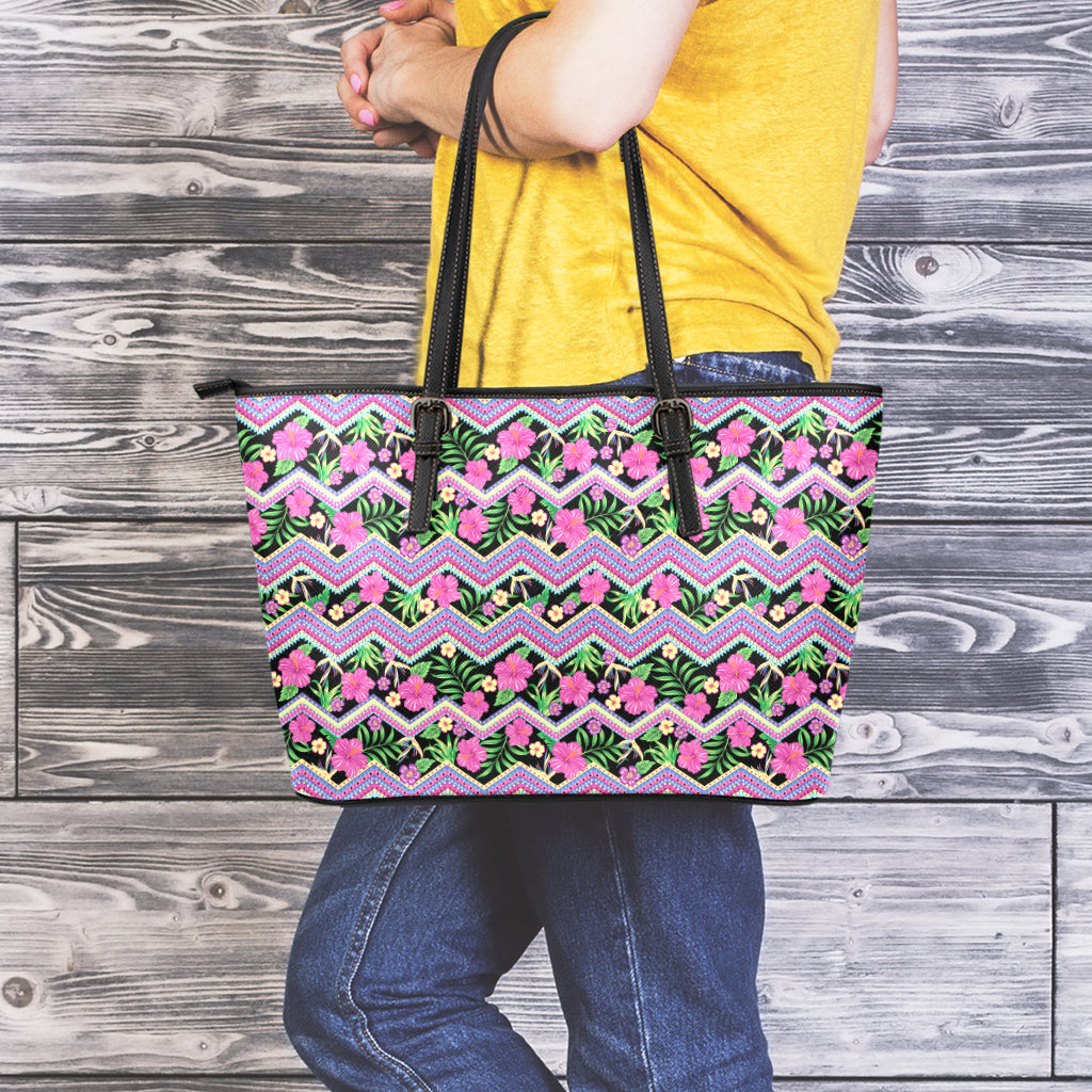 Tropical Hibiscus Flowers Aztec Print Leather Tote Bag