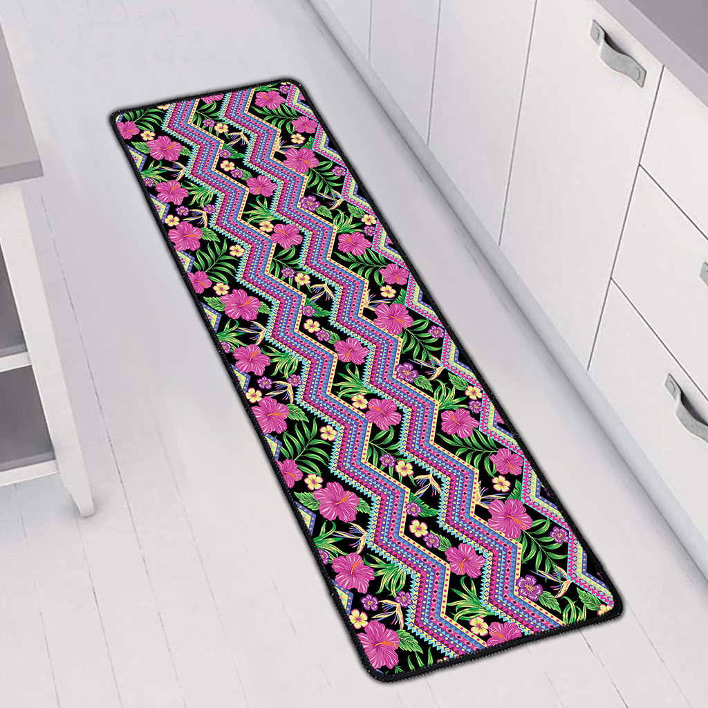 Tropical Hibiscus Flowers Aztec Print Long Kitchen Mat