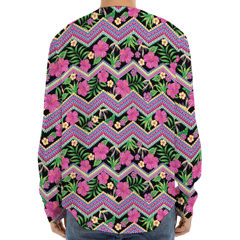 Tropical Hibiscus Flowers Aztec Print Long Sleeve Baseball Jersey