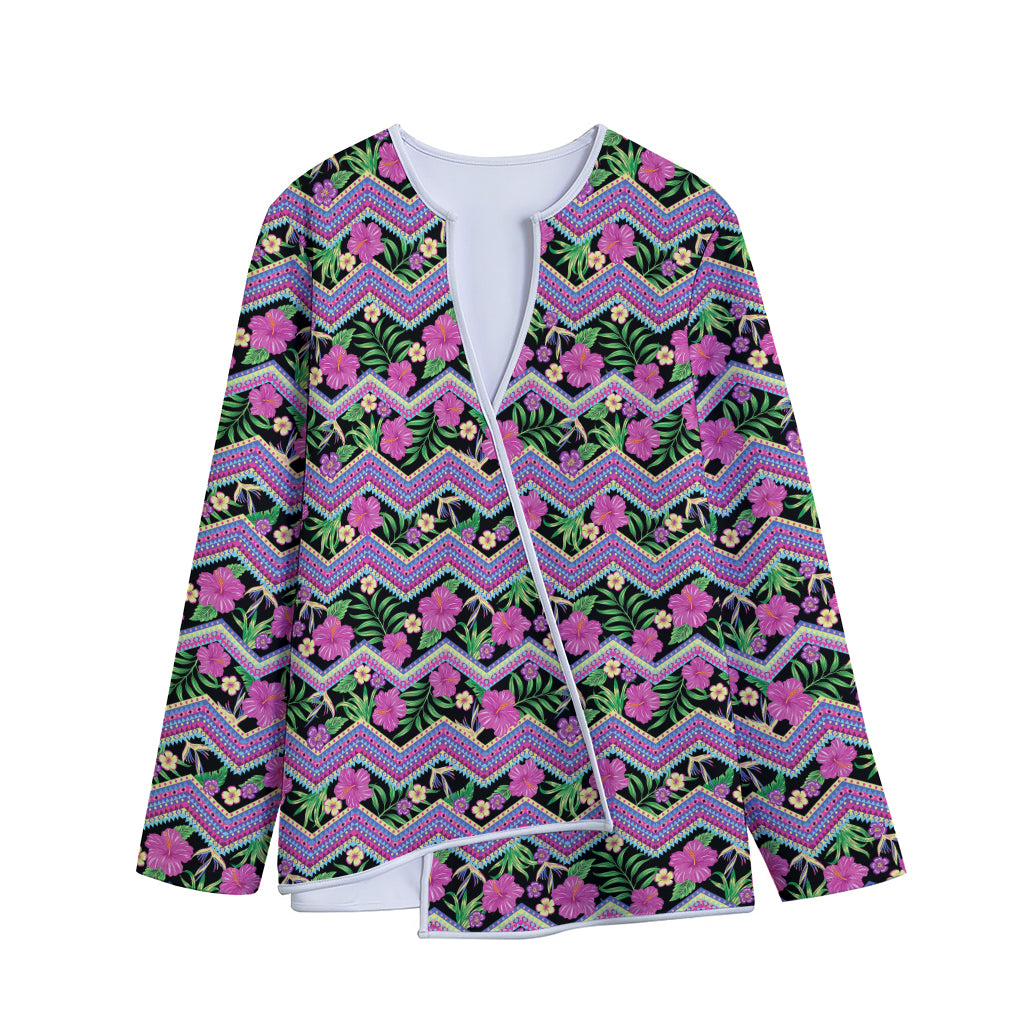 Tropical Hibiscus Flowers Aztec Print Long Sleeve Short Coat