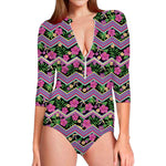 Tropical Hibiscus Flowers Aztec Print Long Sleeve Swimsuit