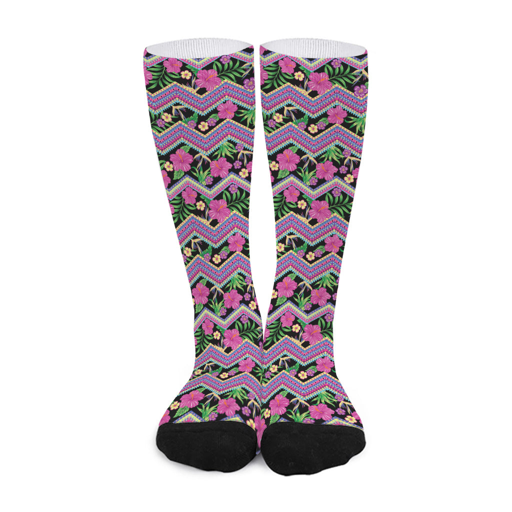 Tropical Hibiscus Flowers Aztec Print Long Socks