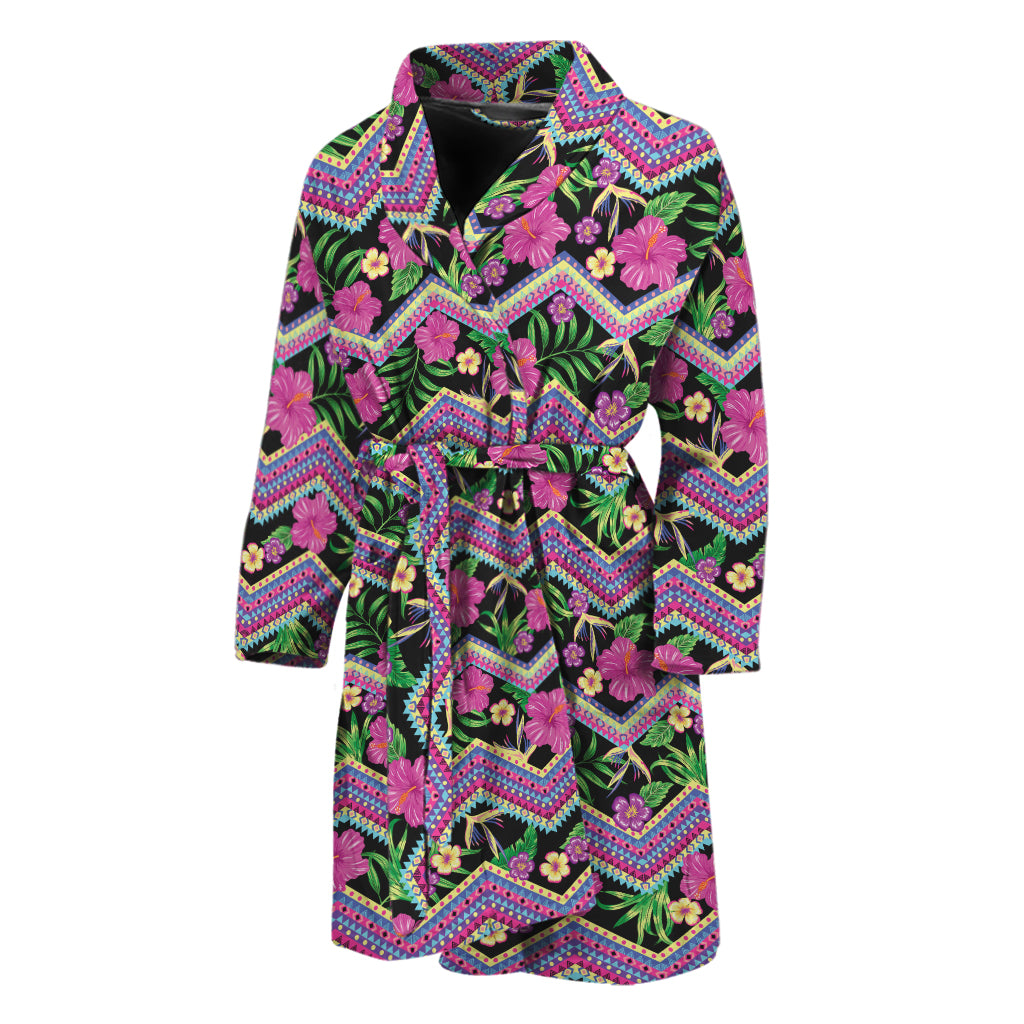 Tropical Hibiscus Flowers Aztec Print Men's Bathrobe