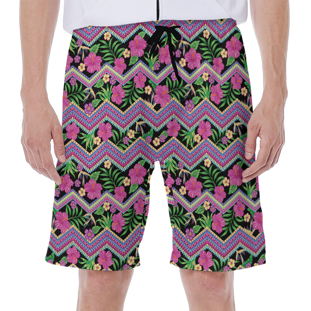 Tropical Hibiscus Flowers Aztec Print Men's Beach Shorts