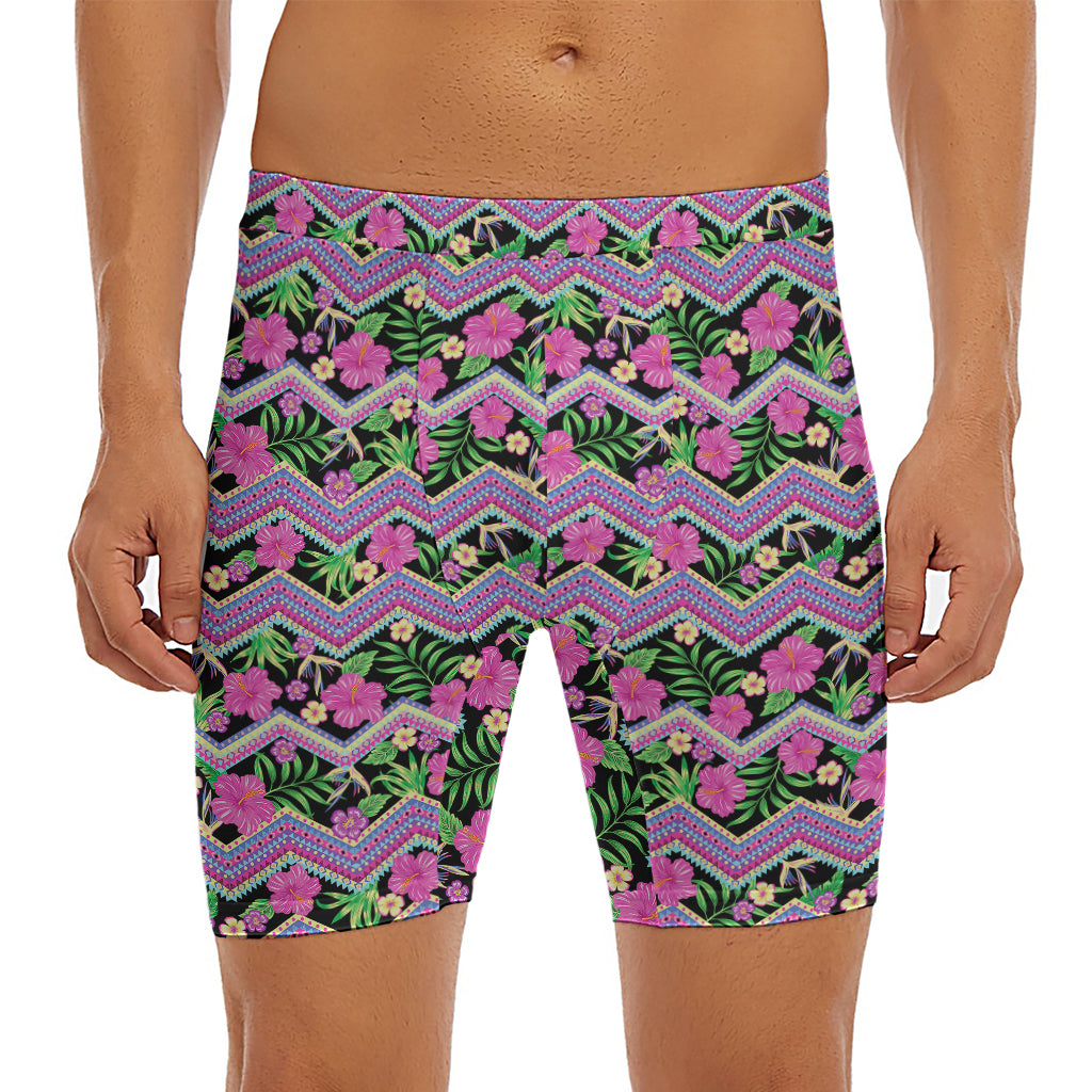 Tropical Hibiscus Flowers Aztec Print Men's Long Boxer Briefs