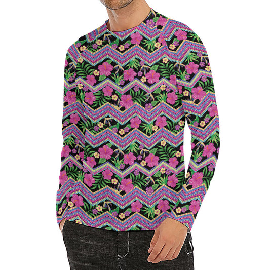 Tropical Hibiscus Flowers Aztec Print Men's Long Sleeve Rash Guard