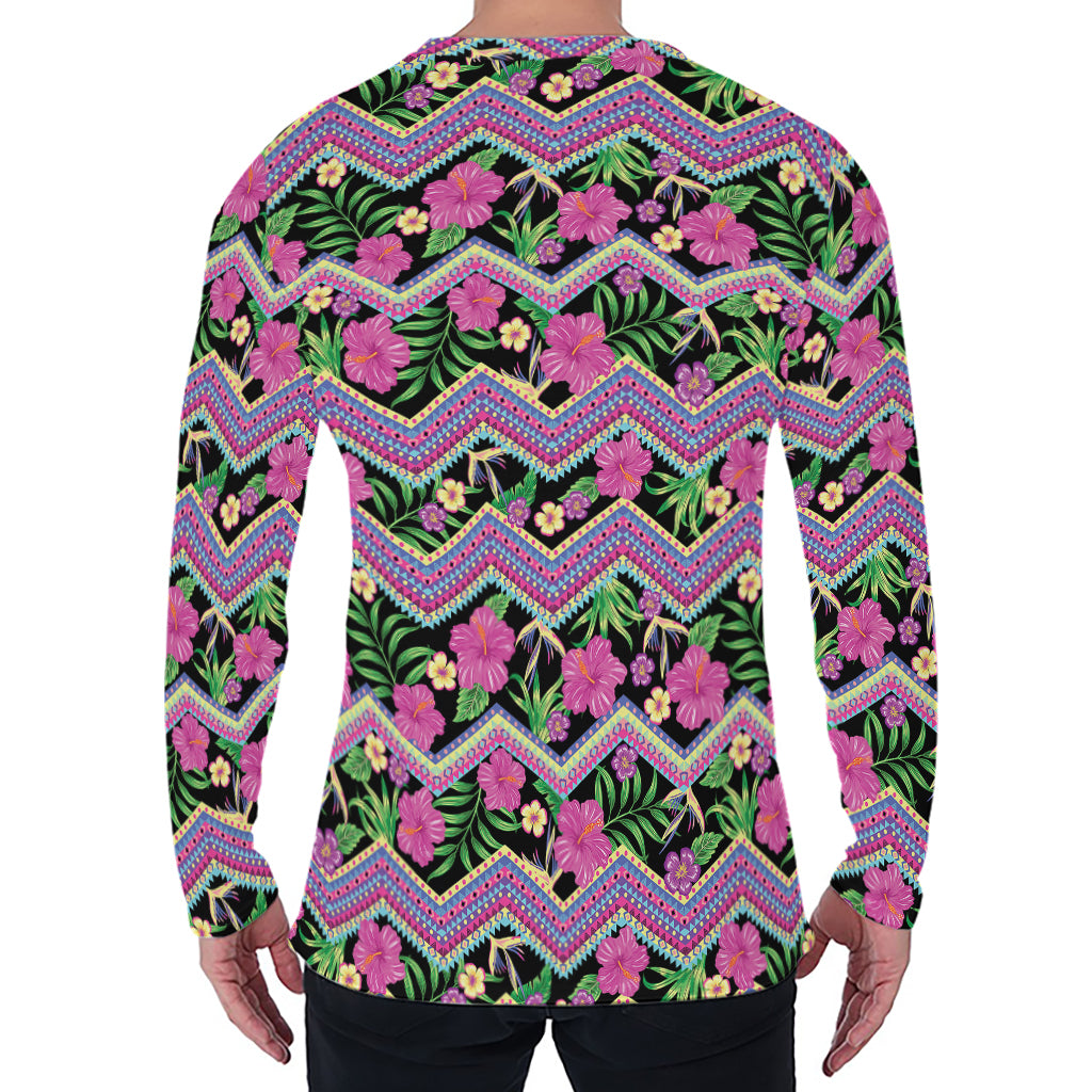 Tropical Hibiscus Flowers Aztec Print Men's Long Sleeve T-Shirt