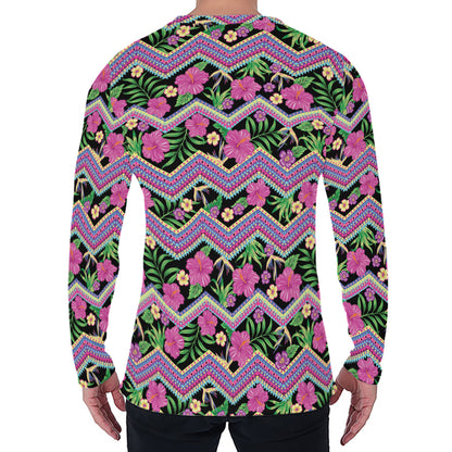 Tropical Hibiscus Flowers Aztec Print Men's Long Sleeve T-Shirt