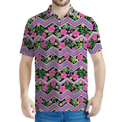 Tropical Hibiscus Flowers Aztec Print Men's Polo Shirt