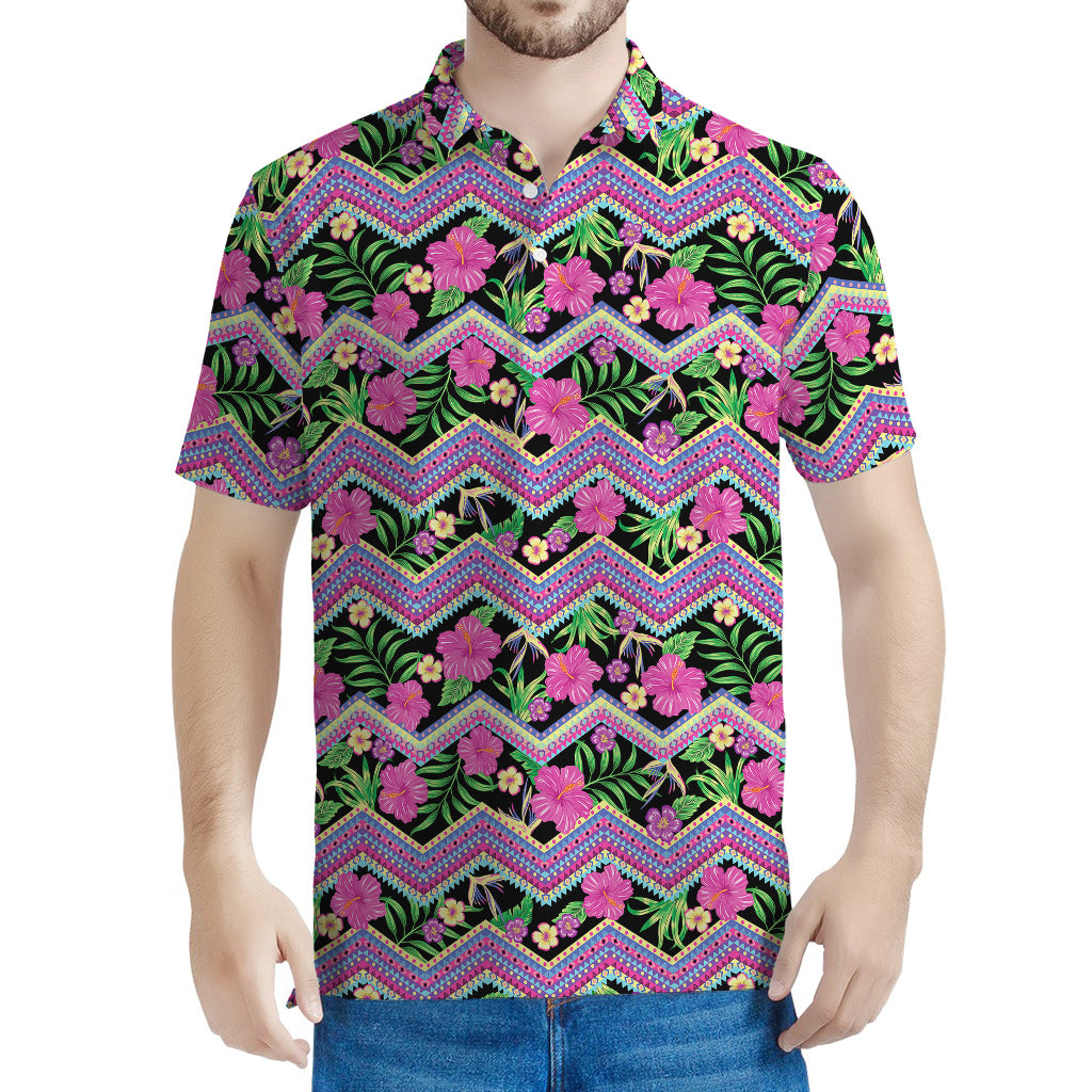 Tropical Hibiscus Flowers Aztec Print Men's Polo Shirt