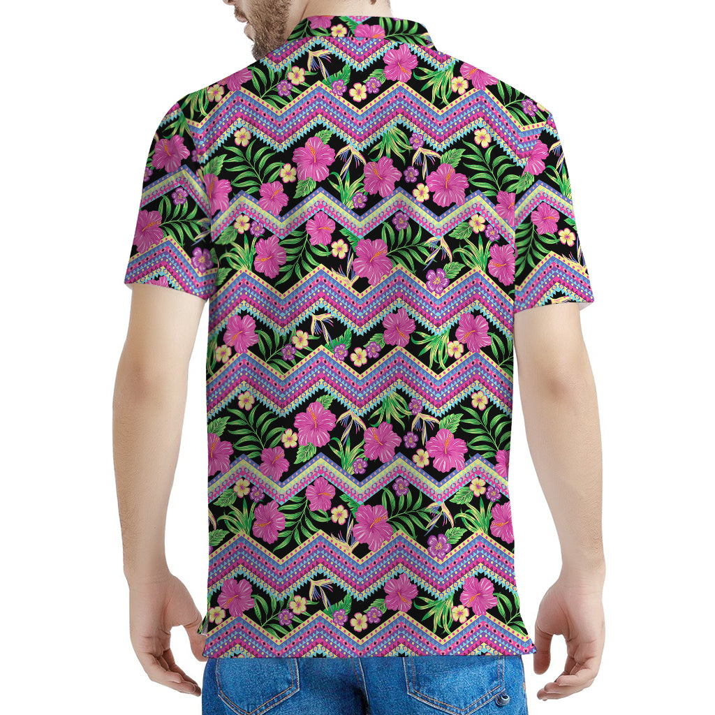 Tropical Hibiscus Flowers Aztec Print Men's Polo Shirt