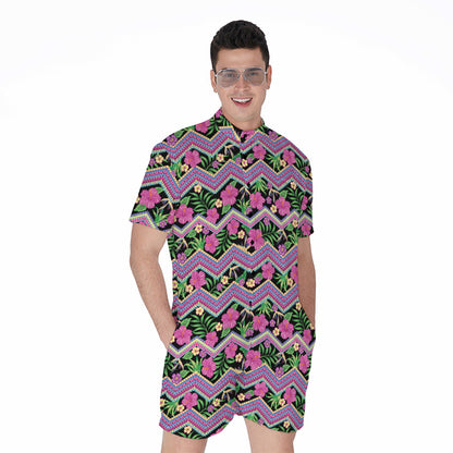Tropical Hibiscus Flowers Aztec Print Men's Rompers