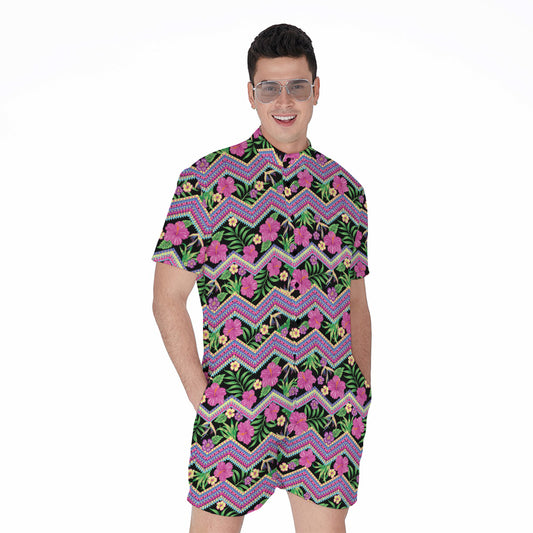 Tropical Hibiscus Flowers Aztec Print Men's Rompers