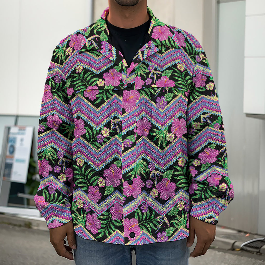 Tropical Hibiscus Flowers Aztec Print Men's Shirt Jacket