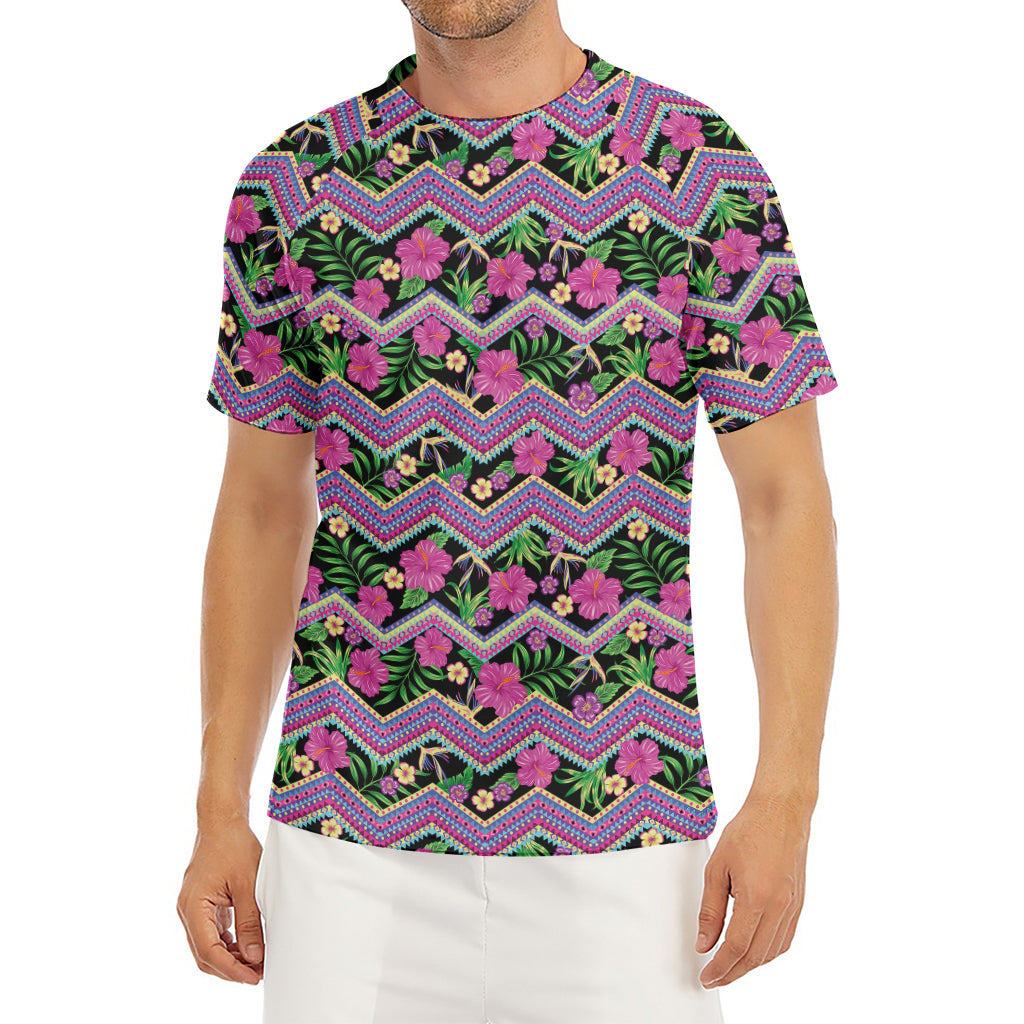 Tropical Hibiscus Flowers Aztec Print Men's Short Sleeve Rash Guard