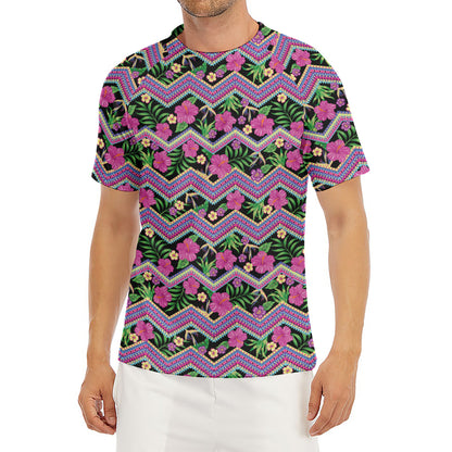 Tropical Hibiscus Flowers Aztec Print Men's Short Sleeve Rash Guard