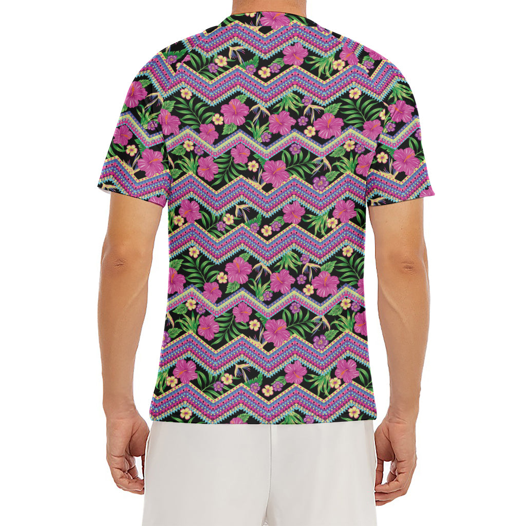 Tropical Hibiscus Flowers Aztec Print Men's Short Sleeve Rash Guard