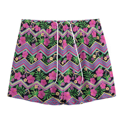 Tropical Hibiscus Flowers Aztec Print Mesh Shorts