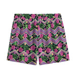 Tropical Hibiscus Flowers Aztec Print Mesh Shorts