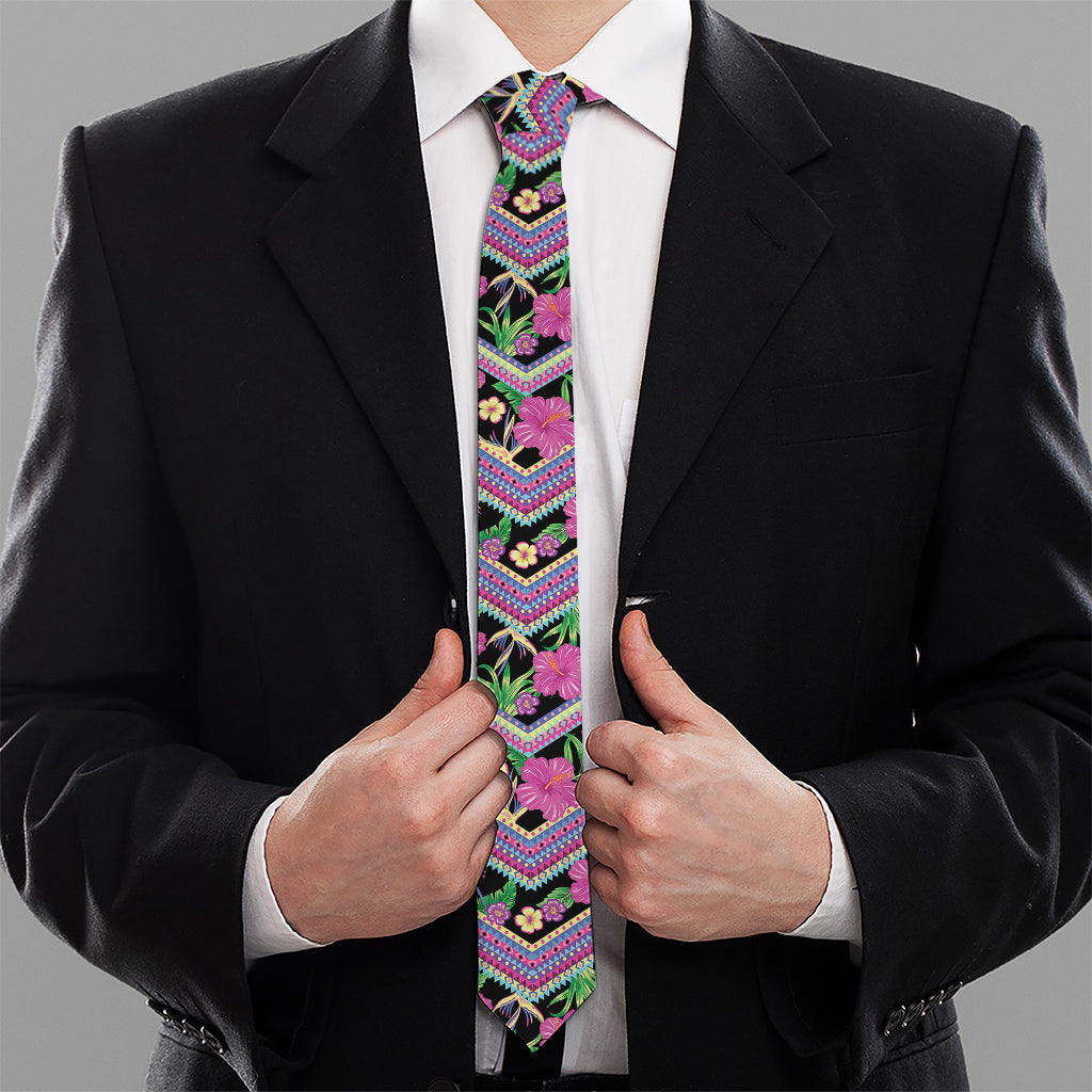 Tropical Hibiscus Flowers Aztec Print Necktie