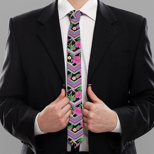 Tropical Hibiscus Flowers Aztec Print Necktie