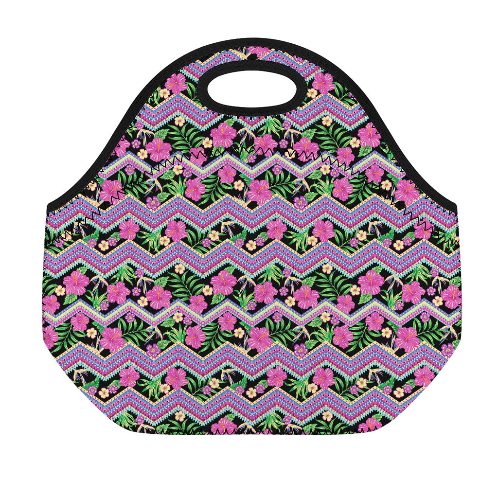 Tropical Hibiscus Flowers Aztec Print Neoprene Lunch Bag