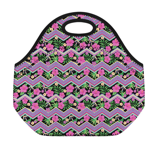 Tropical Hibiscus Flowers Aztec Print Neoprene Lunch Bag