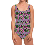 Tropical Hibiscus Flowers Aztec Print One Piece Swimsuit