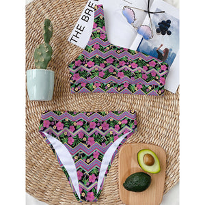 Tropical Hibiscus Flowers Aztec Print One Shoulder Bikini Top