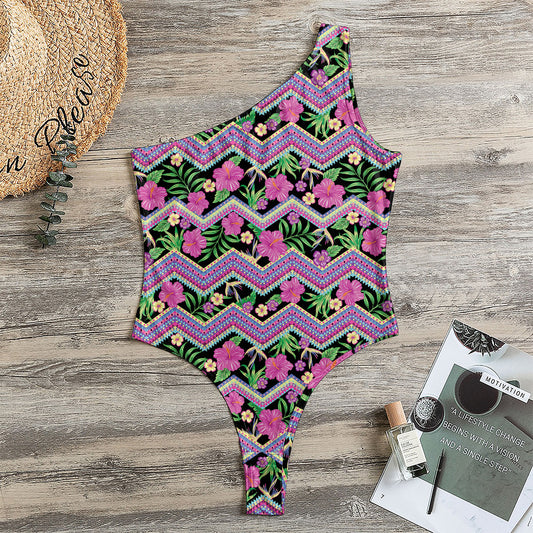 Tropical Hibiscus Flowers Aztec Print One Shoulder Bodysuit