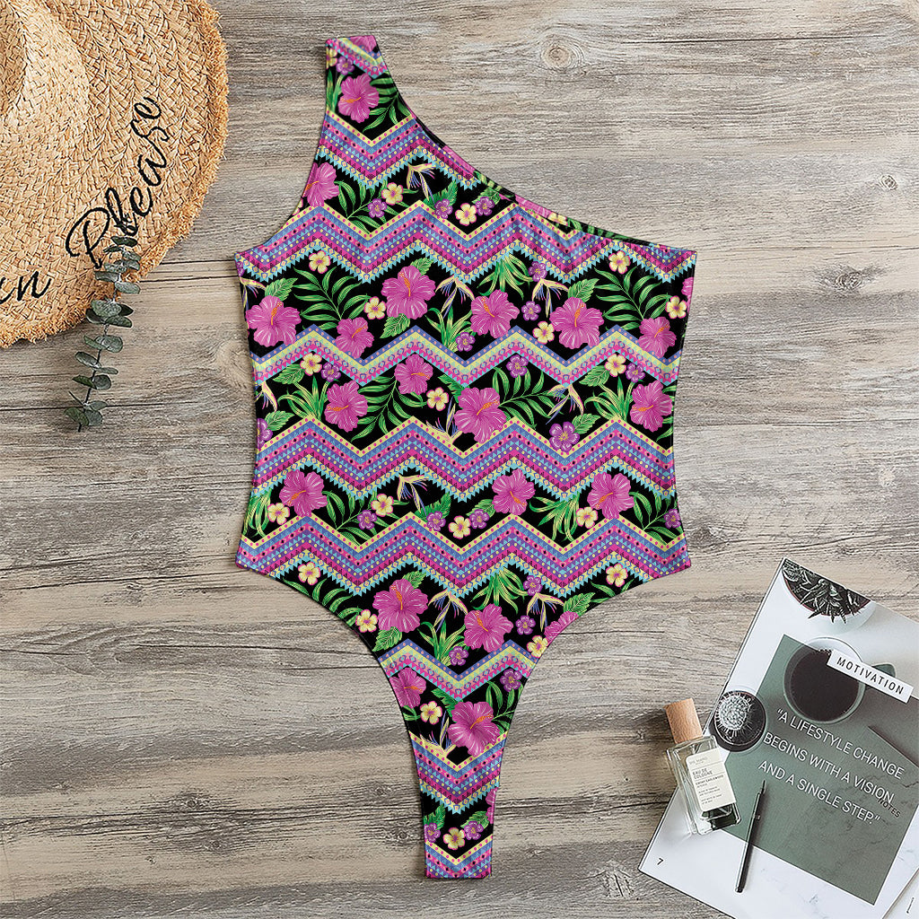 Tropical Hibiscus Flowers Aztec Print One Shoulder Bodysuit