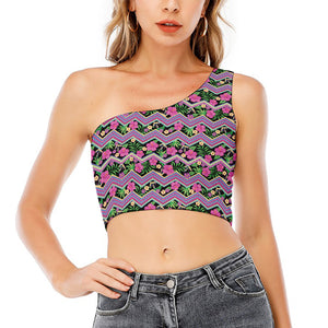 Tropical Hibiscus Flowers Aztec Print One Shoulder Crop Top