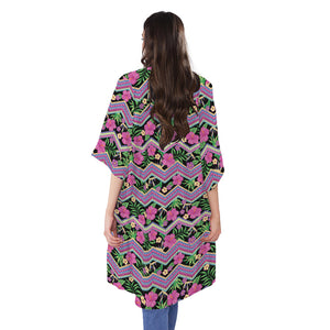 Tropical Hibiscus Flowers Aztec Print Open Front Beach Cover Up