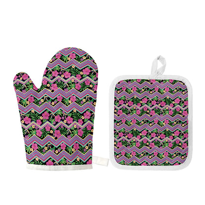 Tropical Hibiscus Flowers Aztec Print Oven Mitt And Pot Holder Set