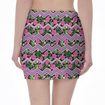 Tropical Hibiscus Flowers Aztec Print Pencil Mini Skirt