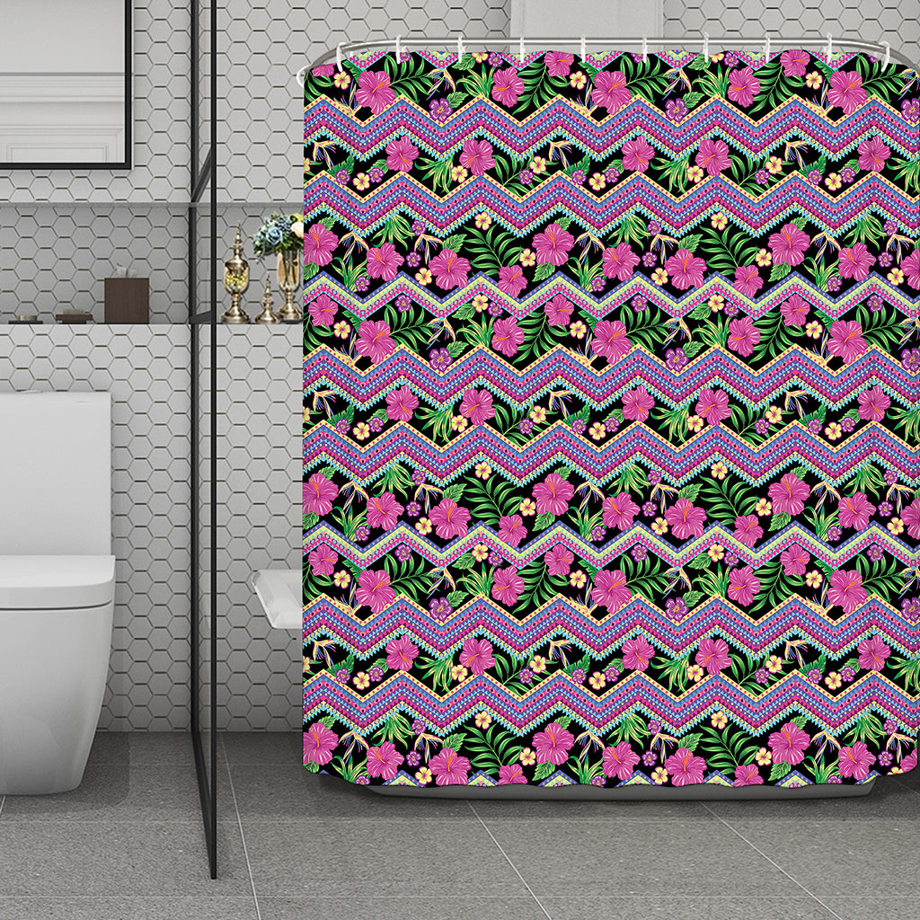 Tropical Hibiscus Flowers Aztec Print Polyester Shower Curtain