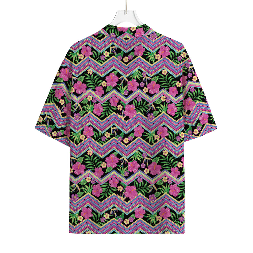 Tropical Hibiscus Flowers Aztec Print Rayon Hawaiian Shirt