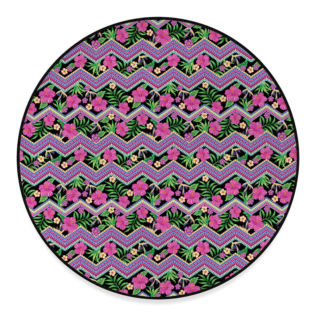 Tropical Hibiscus Flowers Aztec Print Round Floor Mat