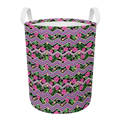Tropical Hibiscus Flowers Aztec Print Round Laundry Basket