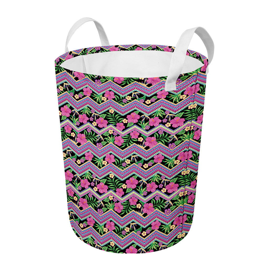 Tropical Hibiscus Flowers Aztec Print Round Laundry Basket