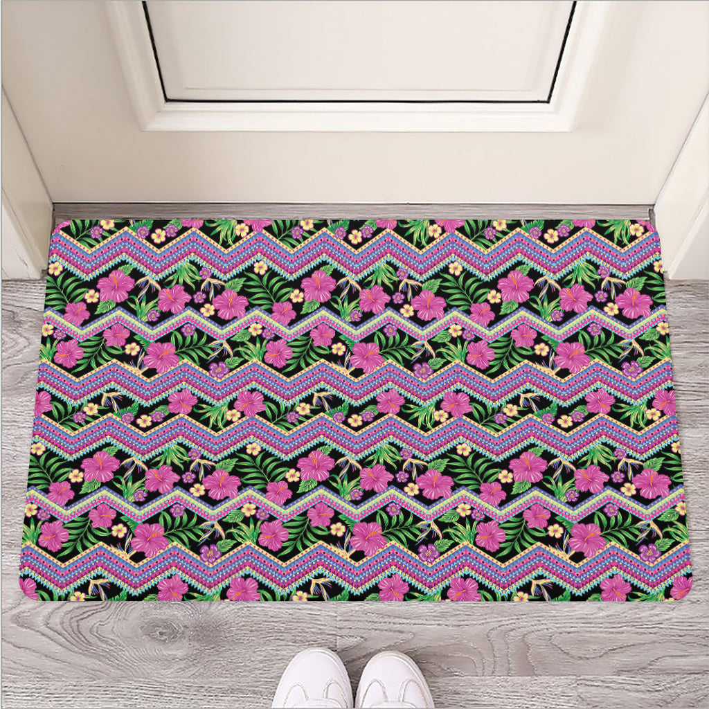 Tropical Hibiscus Flowers Aztec Print Rubber Doormat